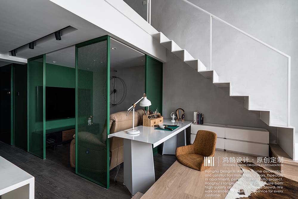 功能區裝修效果圖獨居LOFT，觀影、辦公、居住潮流混搭功能區設計圖片賞析